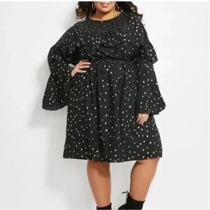 Ashley Stewart Dress Plus Size 12 Black Gold Polka Dots Ruffles Bell